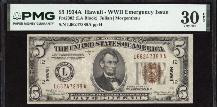 1934A $5 Hawaii Emergency Issue Obverse Image