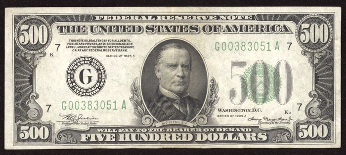 1934A $500 Federal Reserve Note Obverse Image
