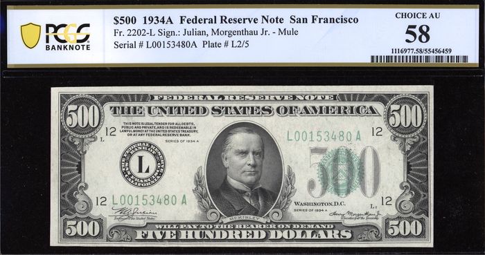 1934A $500 Federal Reserve Note Obverse Image