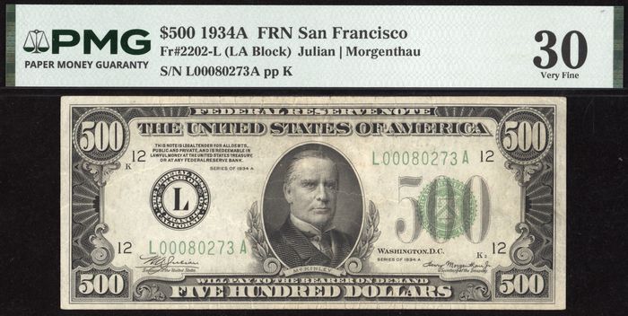 1934A $500 Federal Reserve Note Obverse Image