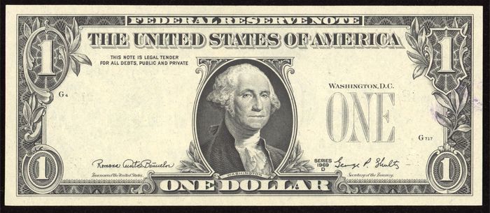1969D $1 Federal Reserve Note Error - Overprint on Back Obverse Image