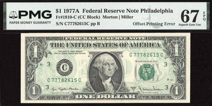 1977A $1 Reverse Offset Printing Error Obverse Image