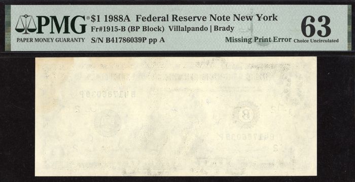 1988A $1 First Print Reverse Missing Error FRN Obverse Image