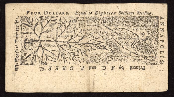 April 10, 1774 $4 Maryland Colonial Reverse Image