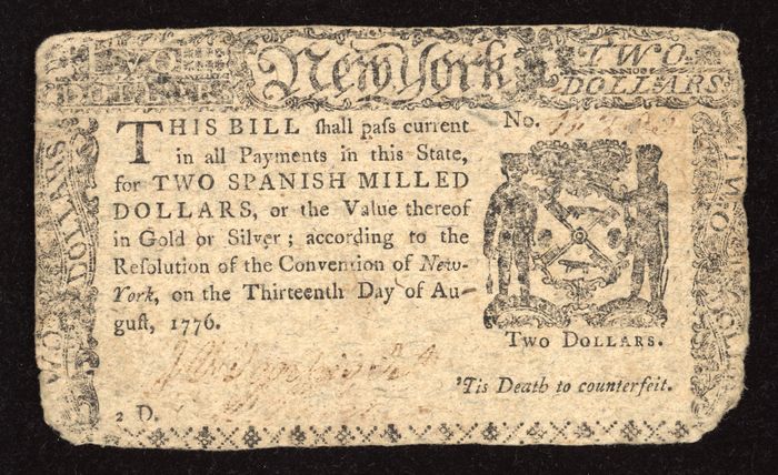 August 13, 1776 New York Colonial Two Dollars ($2) Obverse Image