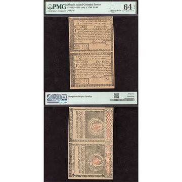 July 2, 1780 $3-$4 Rhode Island Colonial Uncut Sheet Composite Image