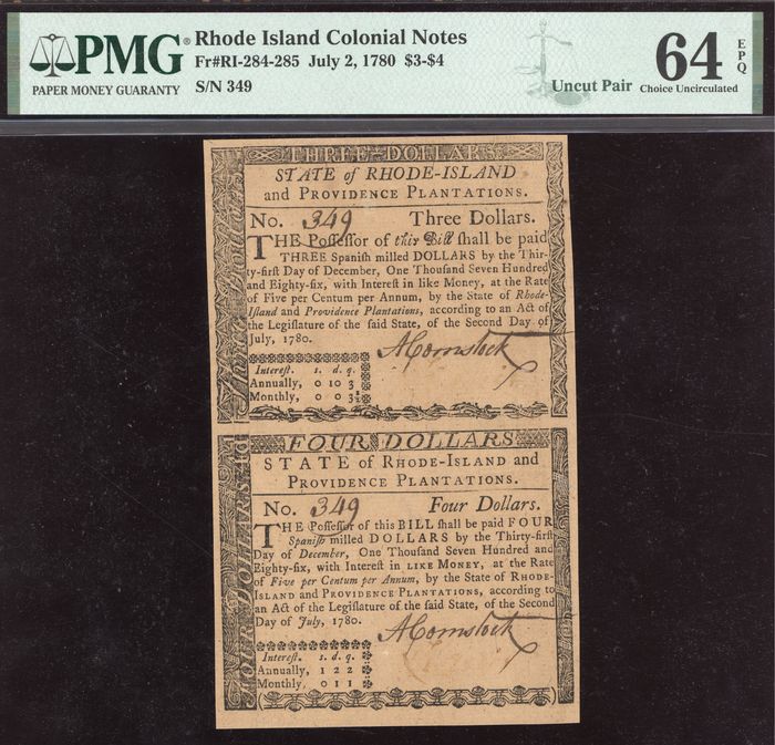 July 2, 1780 $3-$4 Rhode Island Colonial Uncut Sheet Obverse Image