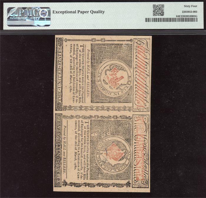 July 2, 1780 $3-$4 Rhode Island Colonial Uncut Sheet Reverse Image