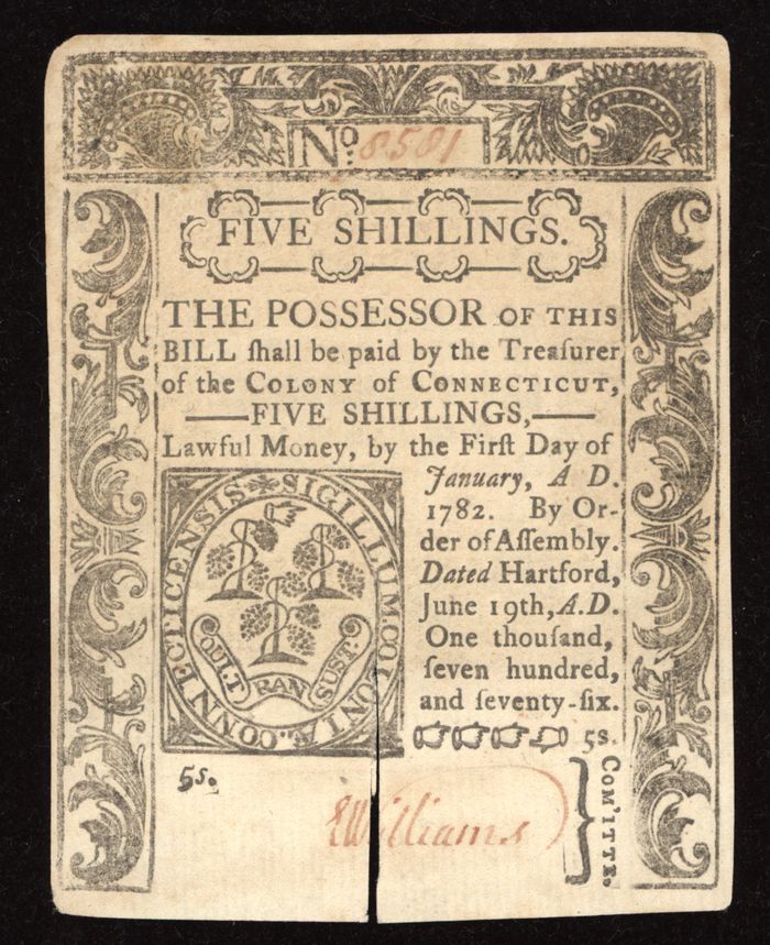 June 19, 1776 Connecticut Colonial Five Shillings (5s) Obverse Image