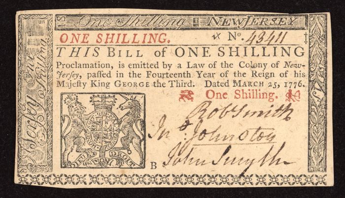 March 25, 1776 1s New Jersey Colonial Obverse Image
