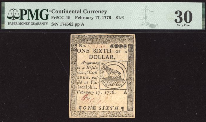 One Sixth Dollar ($1/6) Continental Currency - Feb 17, 1776 Obverse Image