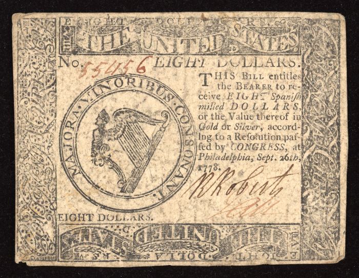 September 26, 1778 Continental Currency Colonial Eight Dollars ($8) Obverse Image
