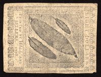 September 26, 1778 Continental Currency Colonial Eight Dollars ($8) Reverse Image