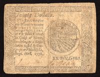 September 26, 1778 Continental Currency Colonial Twenty Dollars ($20) Obverse Image