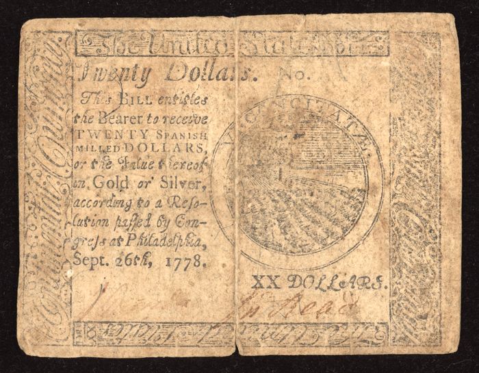 September 26, 1778 Continental Currency Colonial Twenty Dollars ($20) Obverse Image
