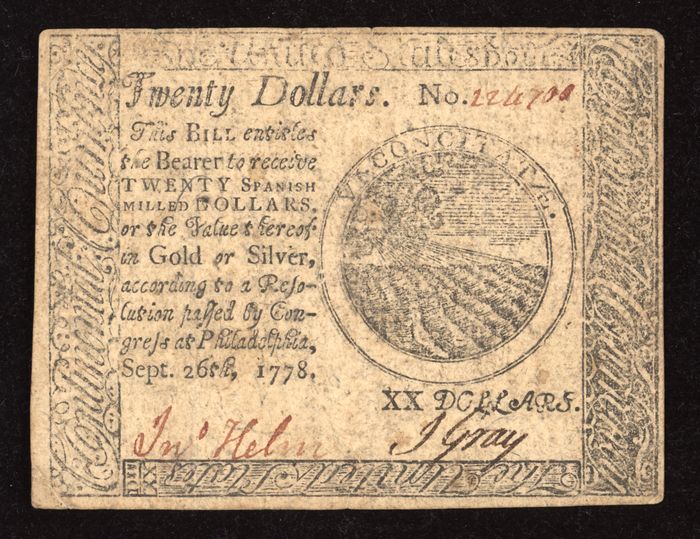 September 26, 1778 Continental Currency Colonial Twenty Dollars ($20) Obverse Image